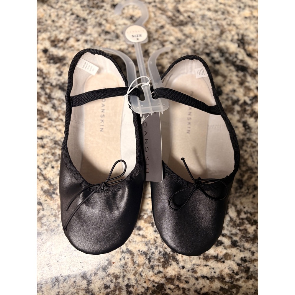 Danskin Girls Black Ballet Shoes Size 2 Dance Slippers Faux Leather Bow Shoes